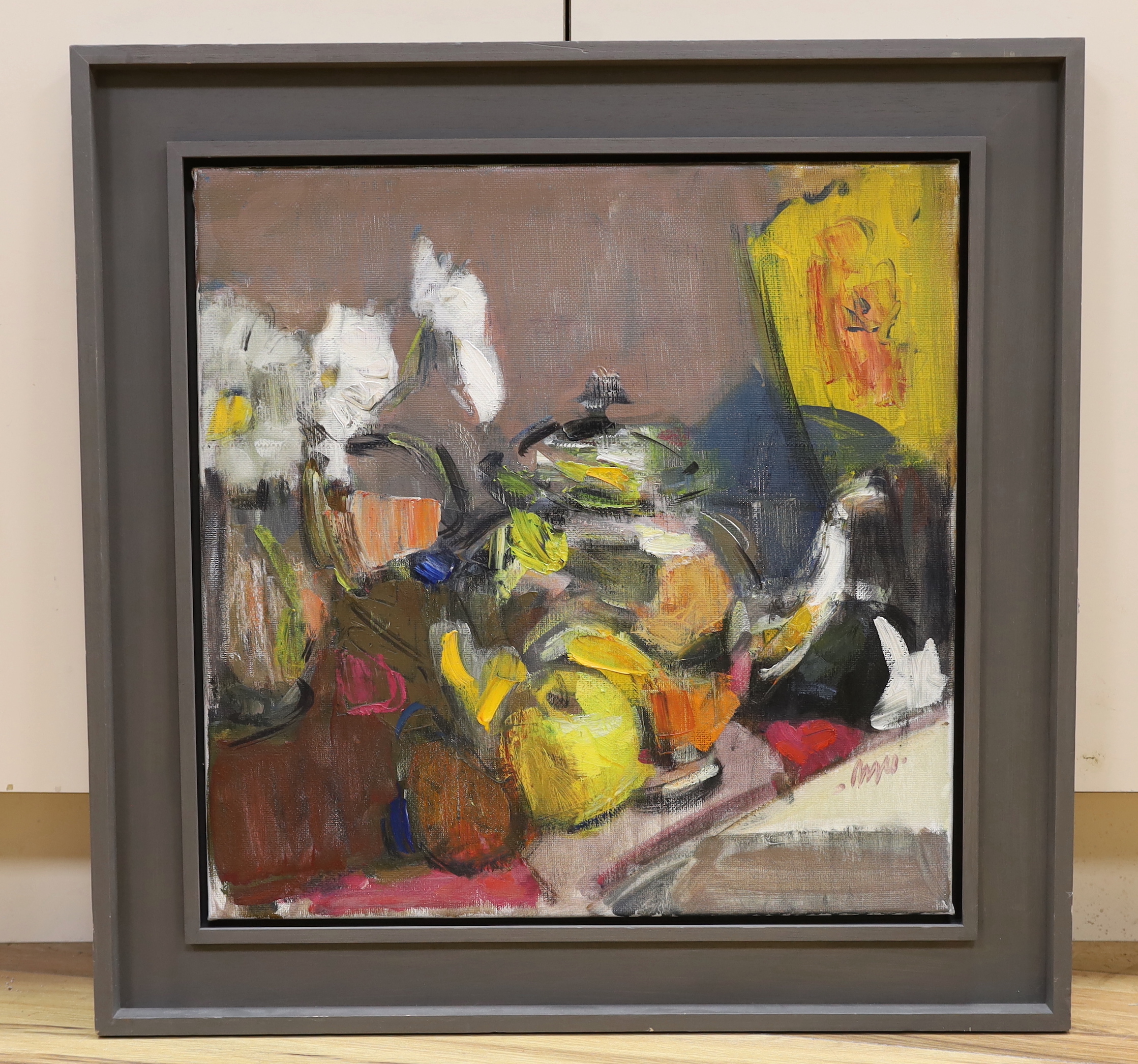 Gordon Bryce (b.1943), impressionist oil on canvas, Still life of silver teapot and yellow fan, signed, details and label verso, 51 x 50cm
